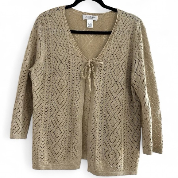 Judith Hart Tops - Judith Hart Vtg Gold Metallic Front Tie Bow Vneck Cardigan 3/4 Sleeve Size Large
